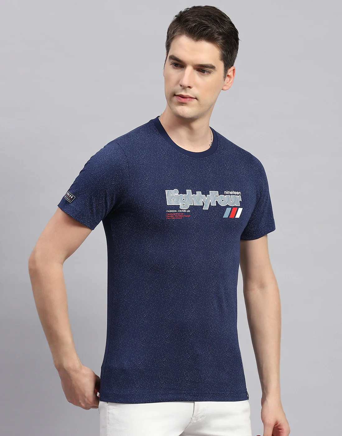 Men Blue Printed Round Neck Half Sleeve T-Shirt - Image 4