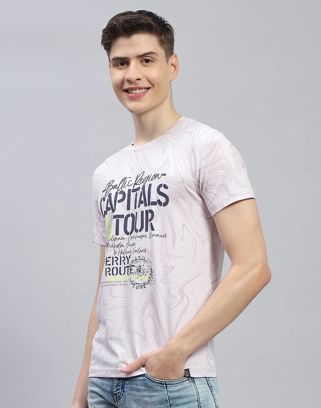 Men Blue Printed Round Neck Half Sleeve T-Shirt - Image 3