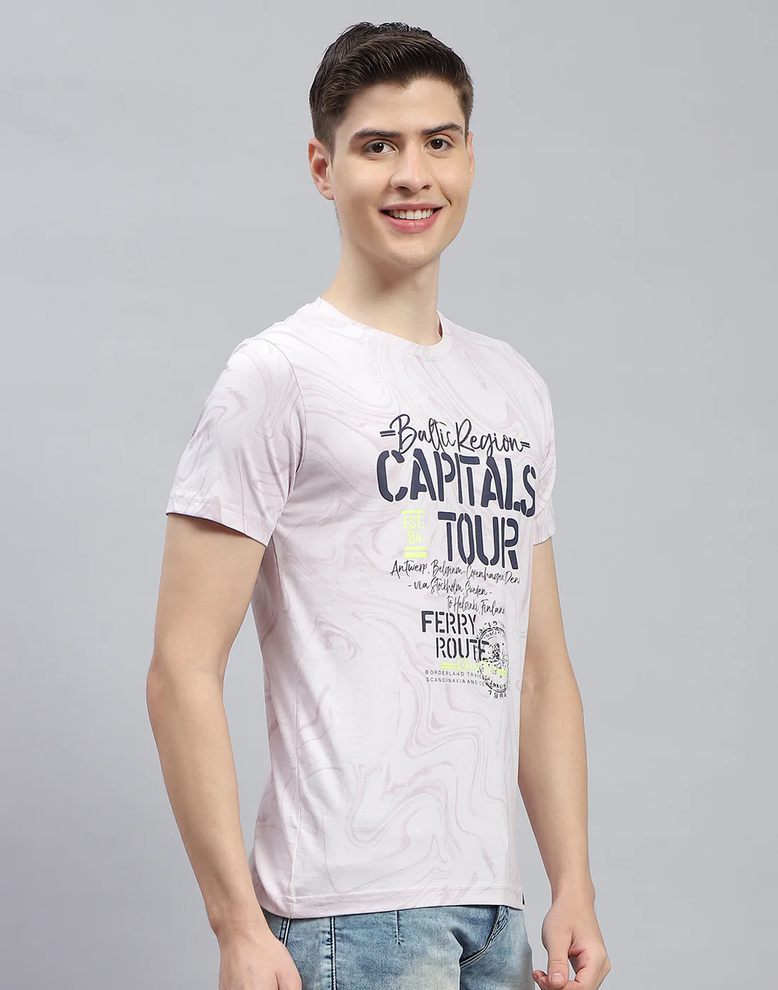 Men Blue Printed Round Neck Half Sleeve T-Shirt - Image 4