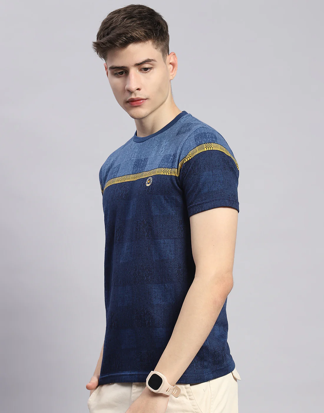 Men Blue Printed Round Neck Half Sleeve T-Shirt - Image 3