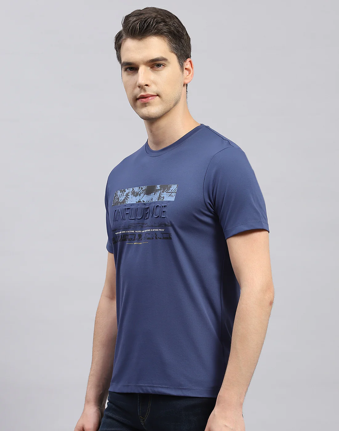 Men Blue Printed Round Neck Half Sleeve T-Shirt - Image 3