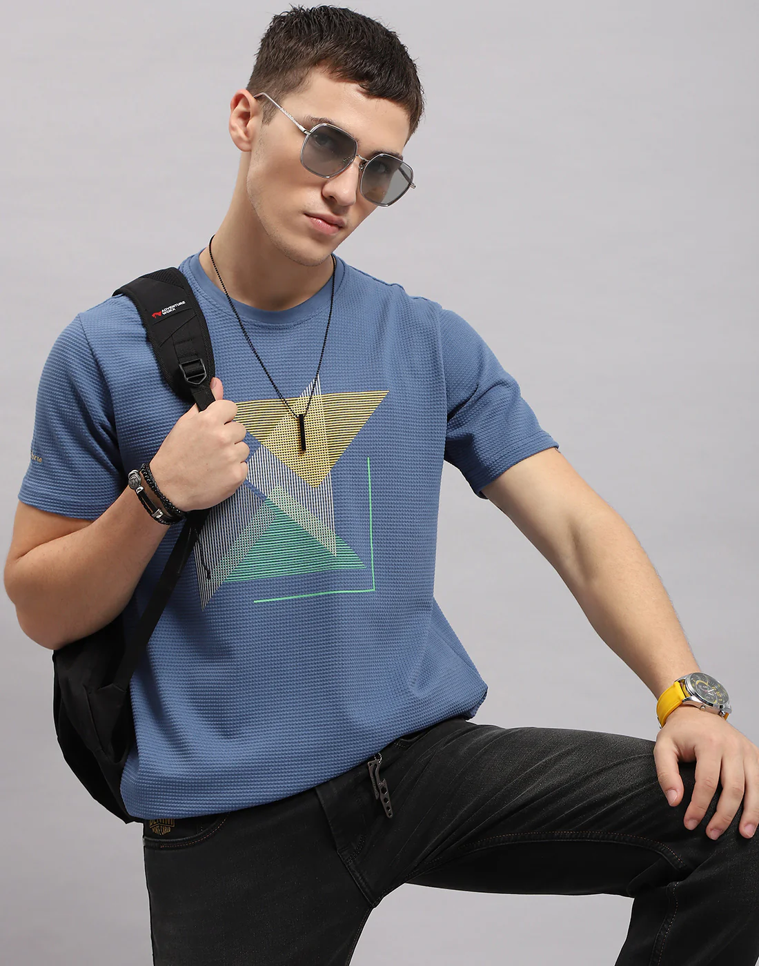 Men Blue Printed Round Neck Half Sleeve T-Shirt - Image 6