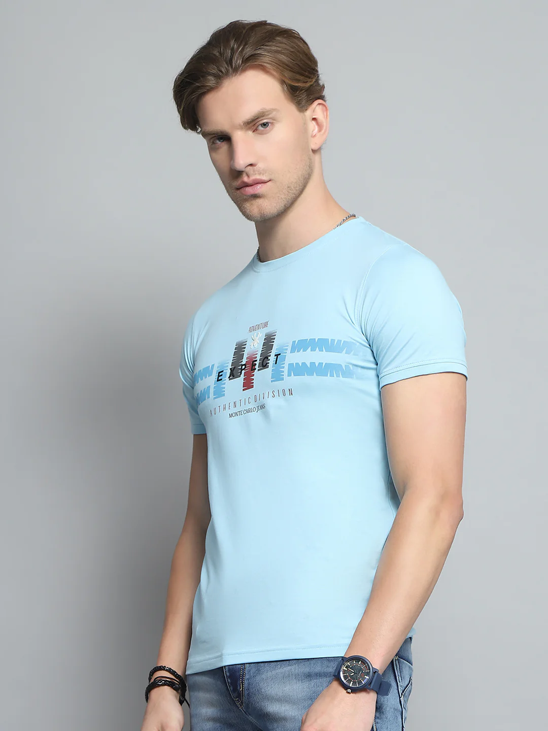 Men Blue Printed Round Neck Half Sleeve T-Shirt - Image 3