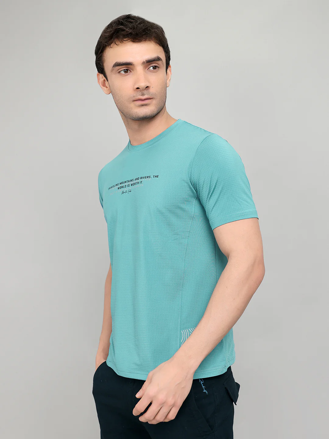 Men Blue Printed Round Neck Half Sleeve T-Shirt - Image 2