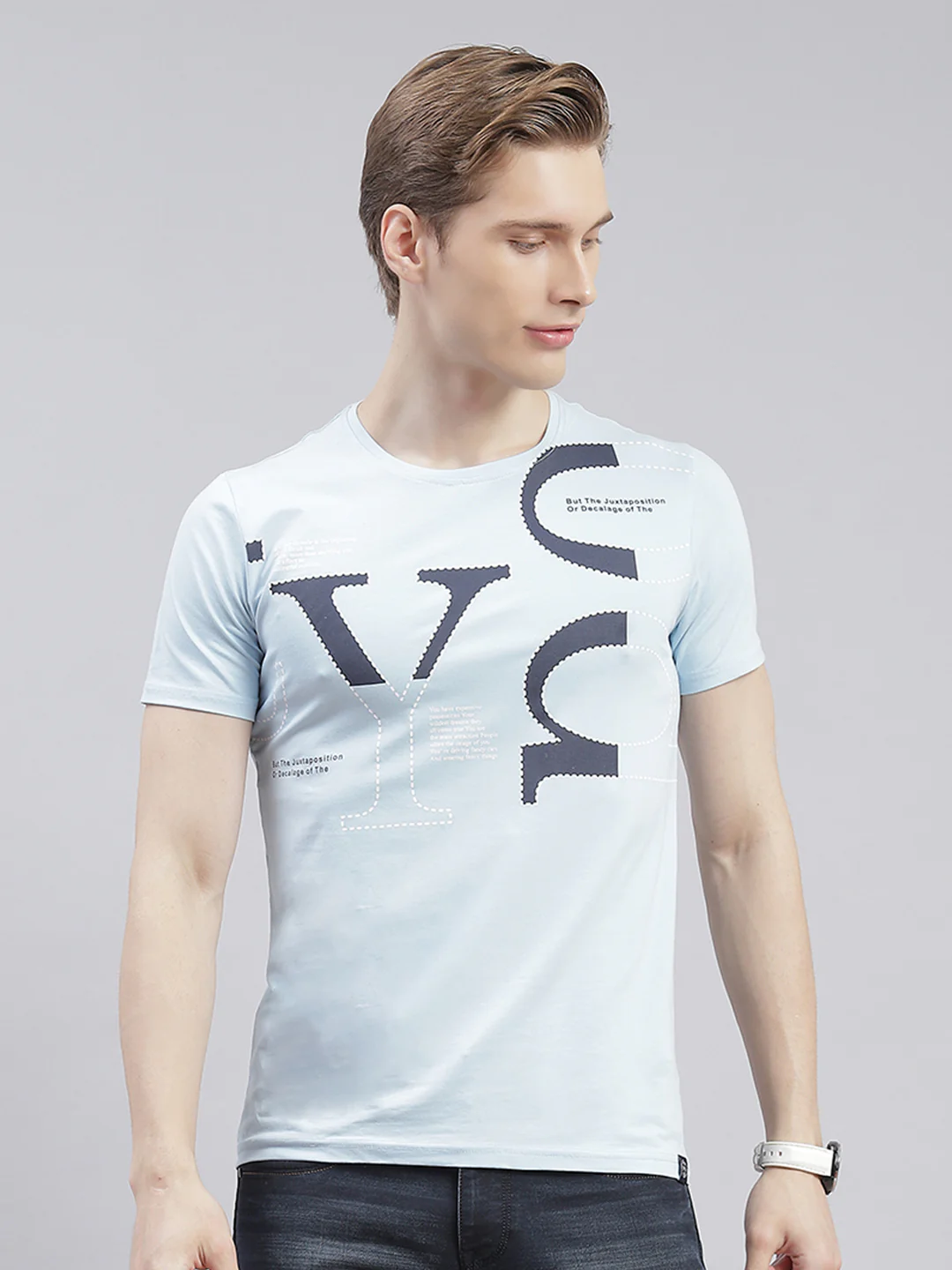 Men Blue Printed Round Neck Half Sleeve T-Shirts - Image 2