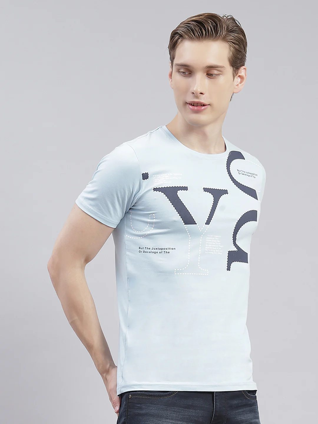 Men Blue Printed Round Neck Half Sleeve T-Shirts - Image 4