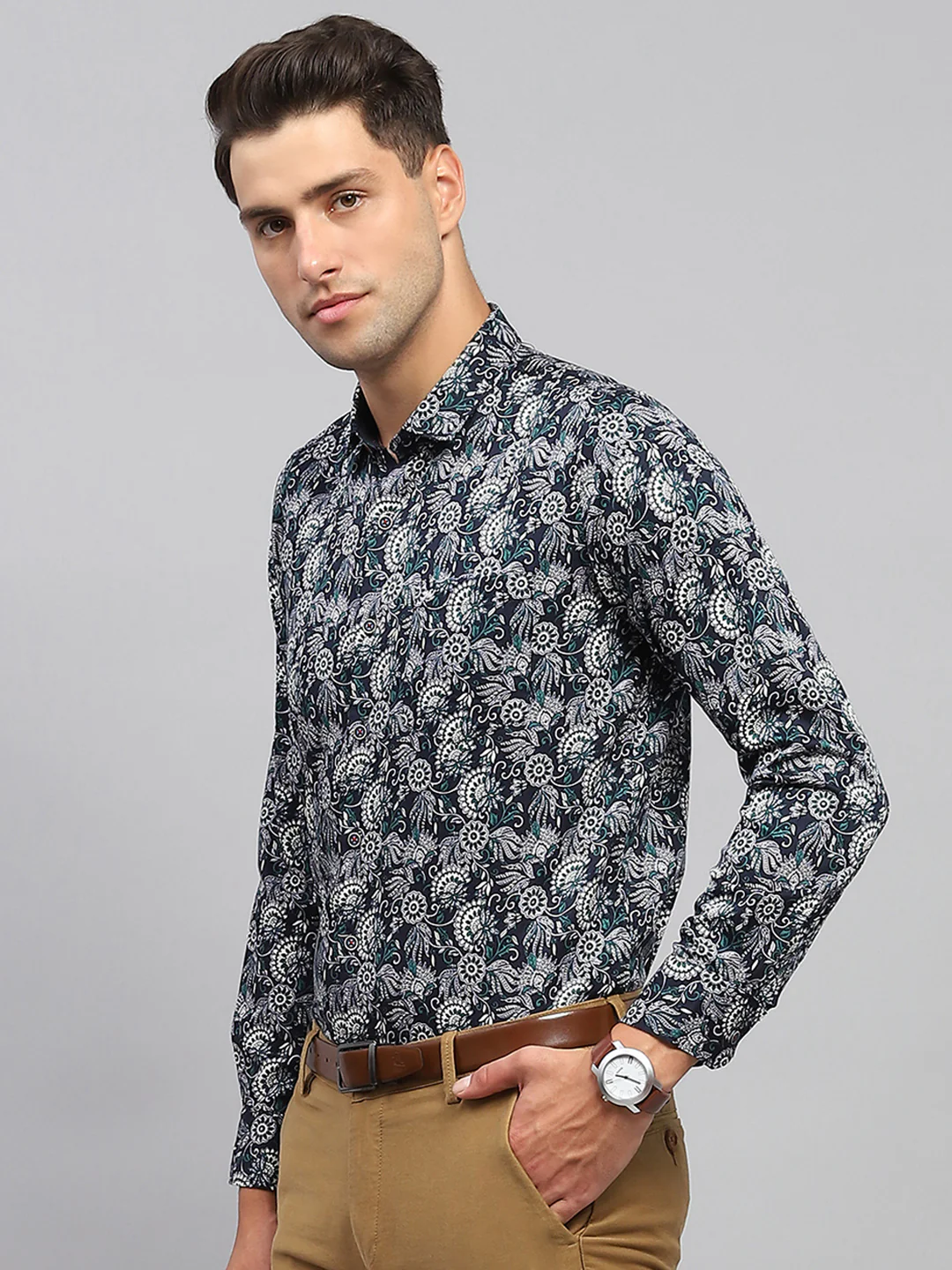 Men Blue Printed Spread Collar Full Sleeve Shirt - Image 3