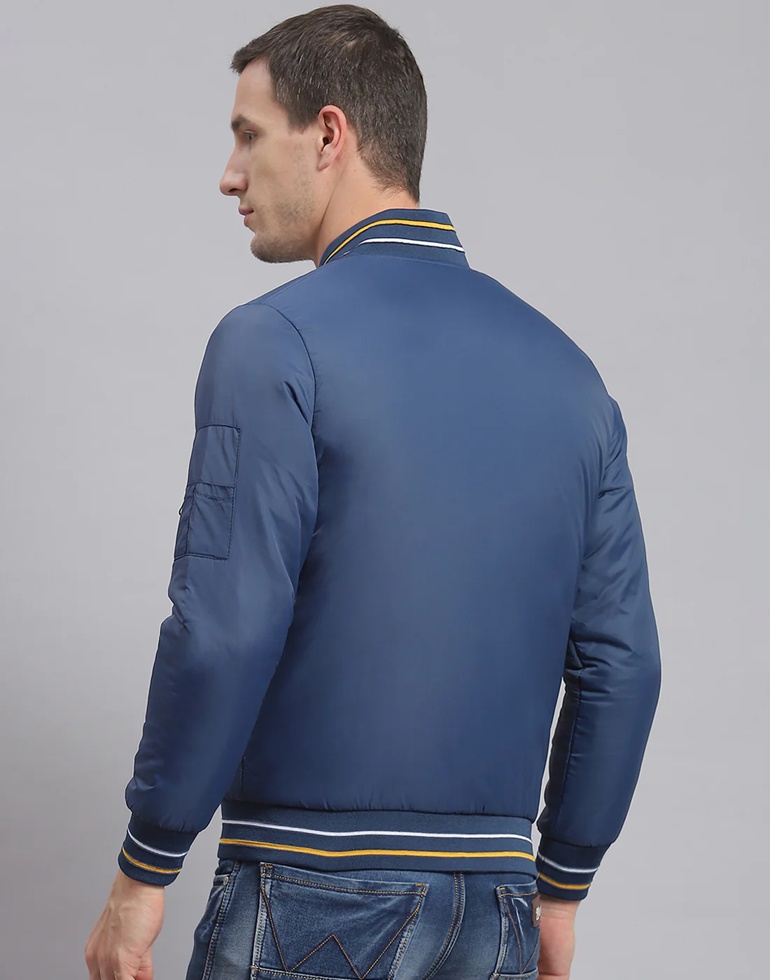 Men Blue Printed Stand Collar Full Sleeve Jacket - Image 6