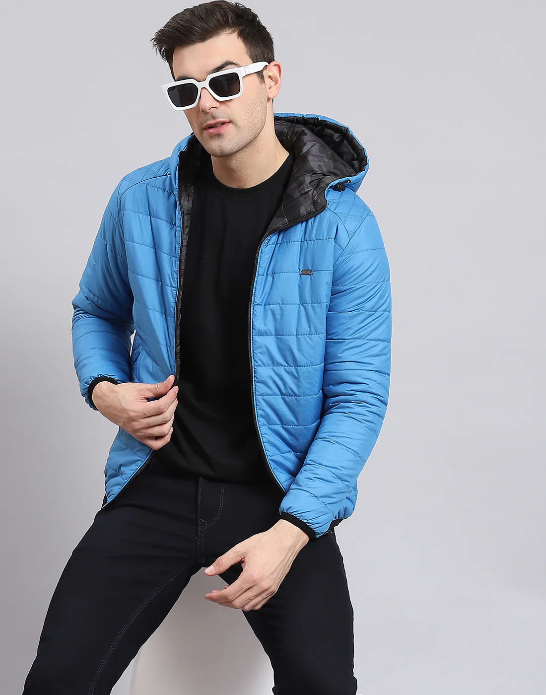 Men Blue Printed Stand Collar Full Sleeve Jacket - Image 2