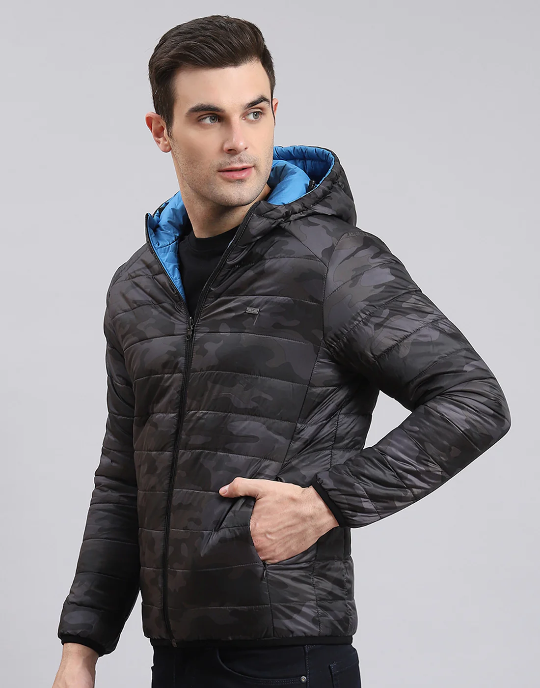Men Blue Printed Stand Collar Full Sleeve Jacket - Image 4