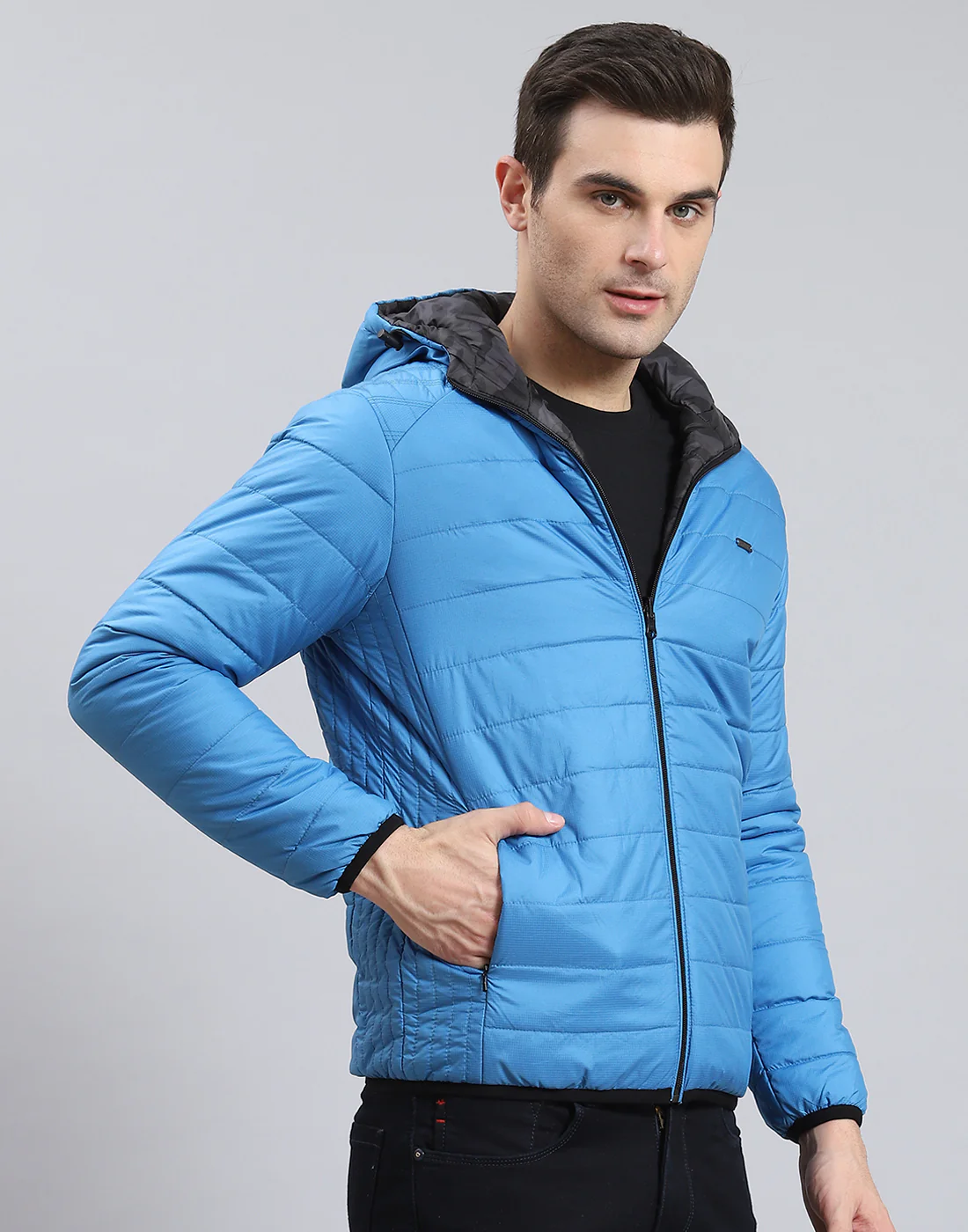 Men Blue Printed Stand Collar Full Sleeve Jacket - Image 6