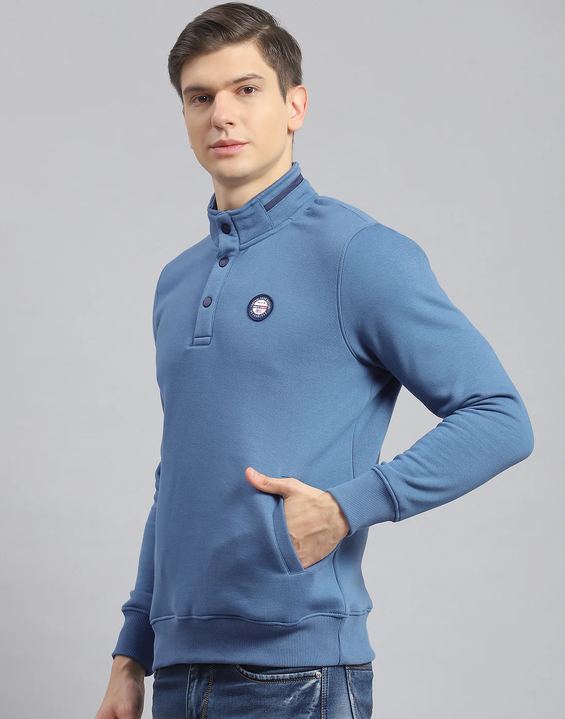 Men Blue Printed Stand Collar Full Sleeve Sweatshirt - Image 3