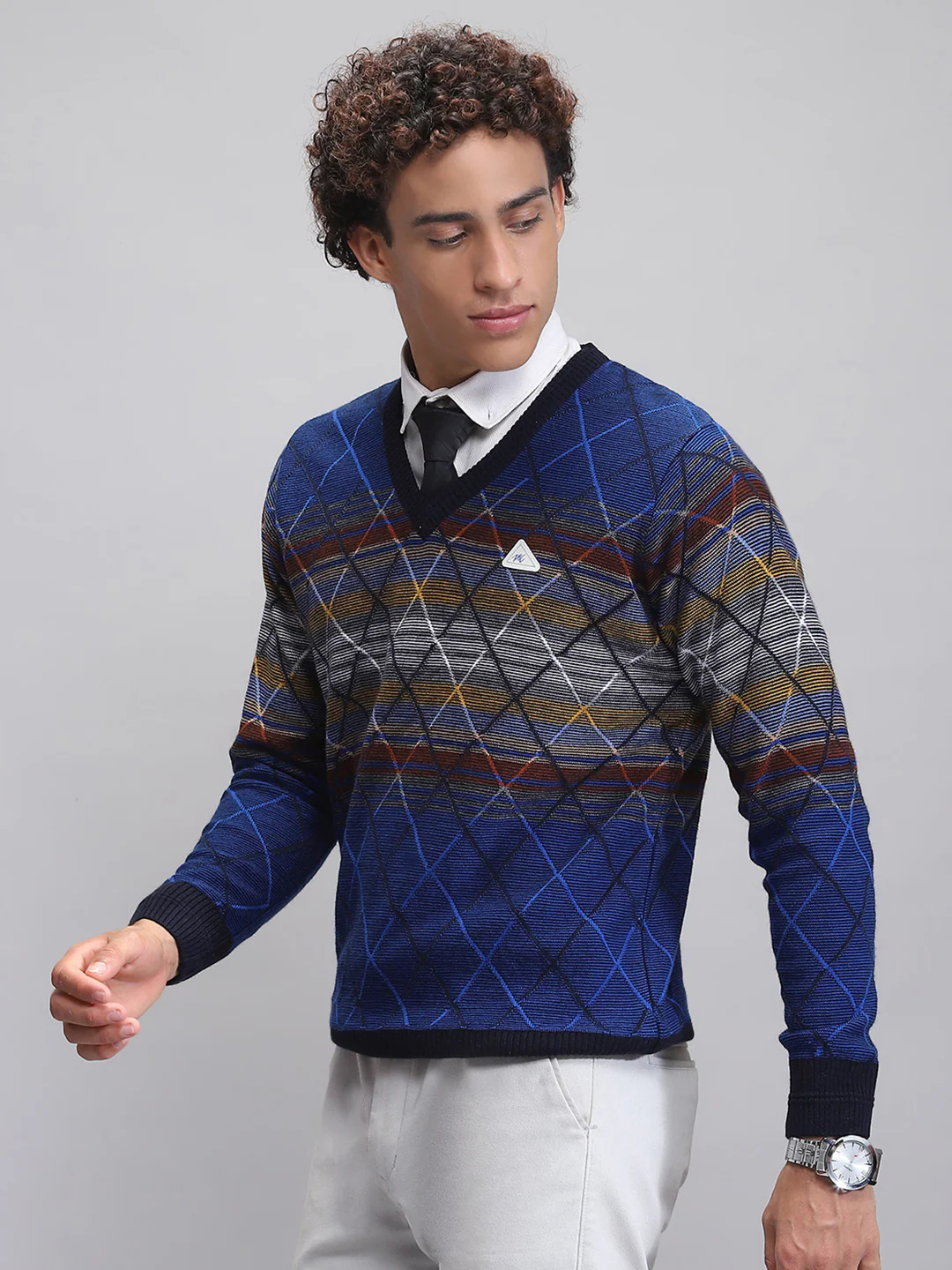 Men Blue Printed V Neck Full Sleeve Pullover - Image 3