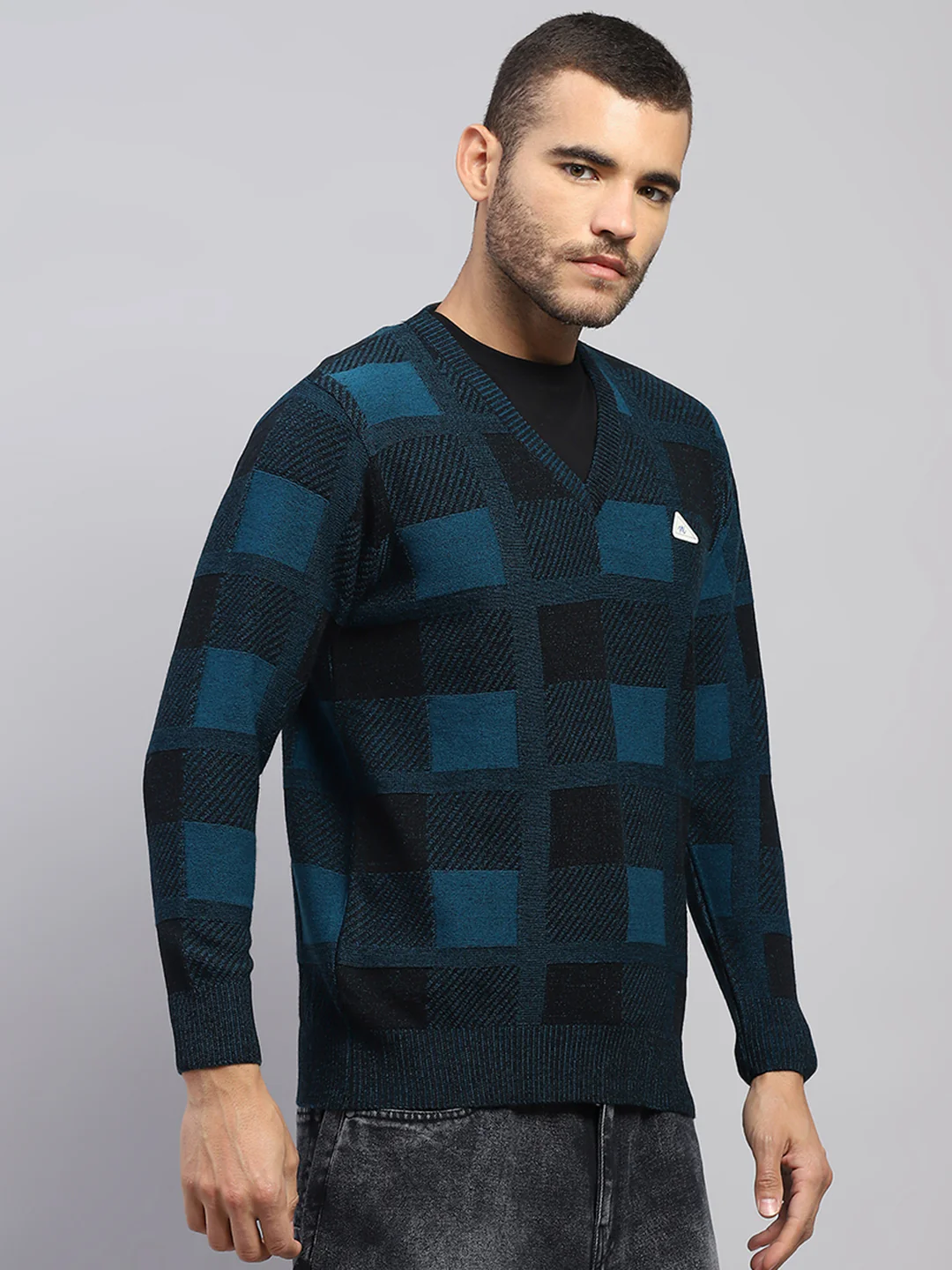Men Blue Printed V Neck Full Sleeve Pullover - Image 4