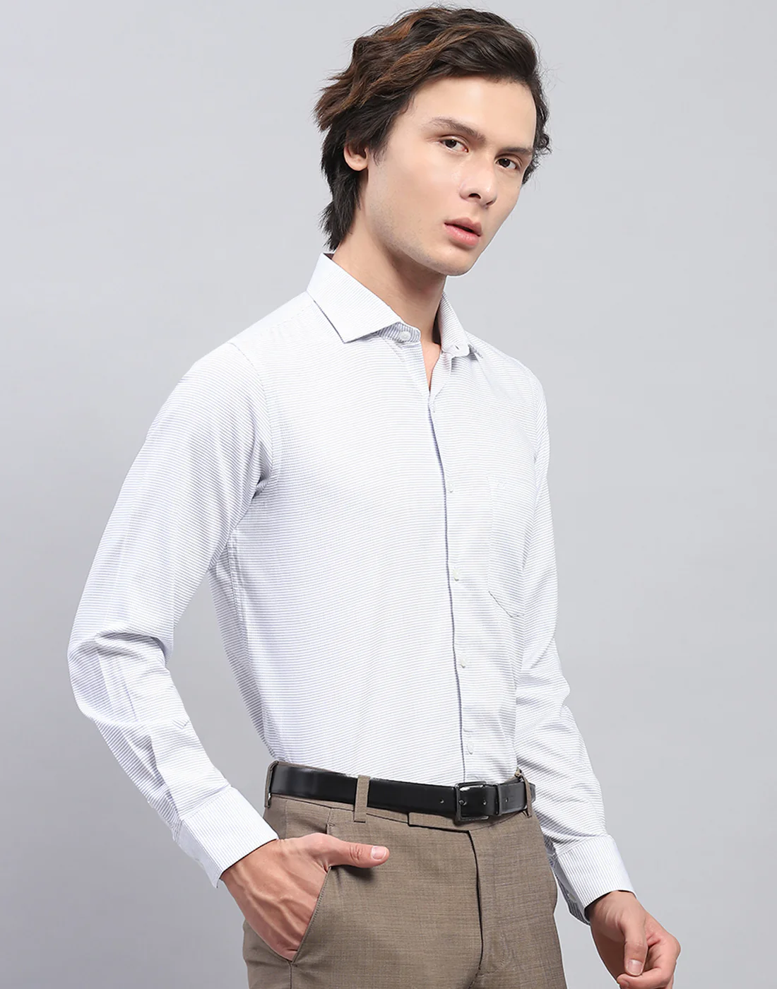 Men Blue Self Design Collar Full Sleeve Shirt - Image 4