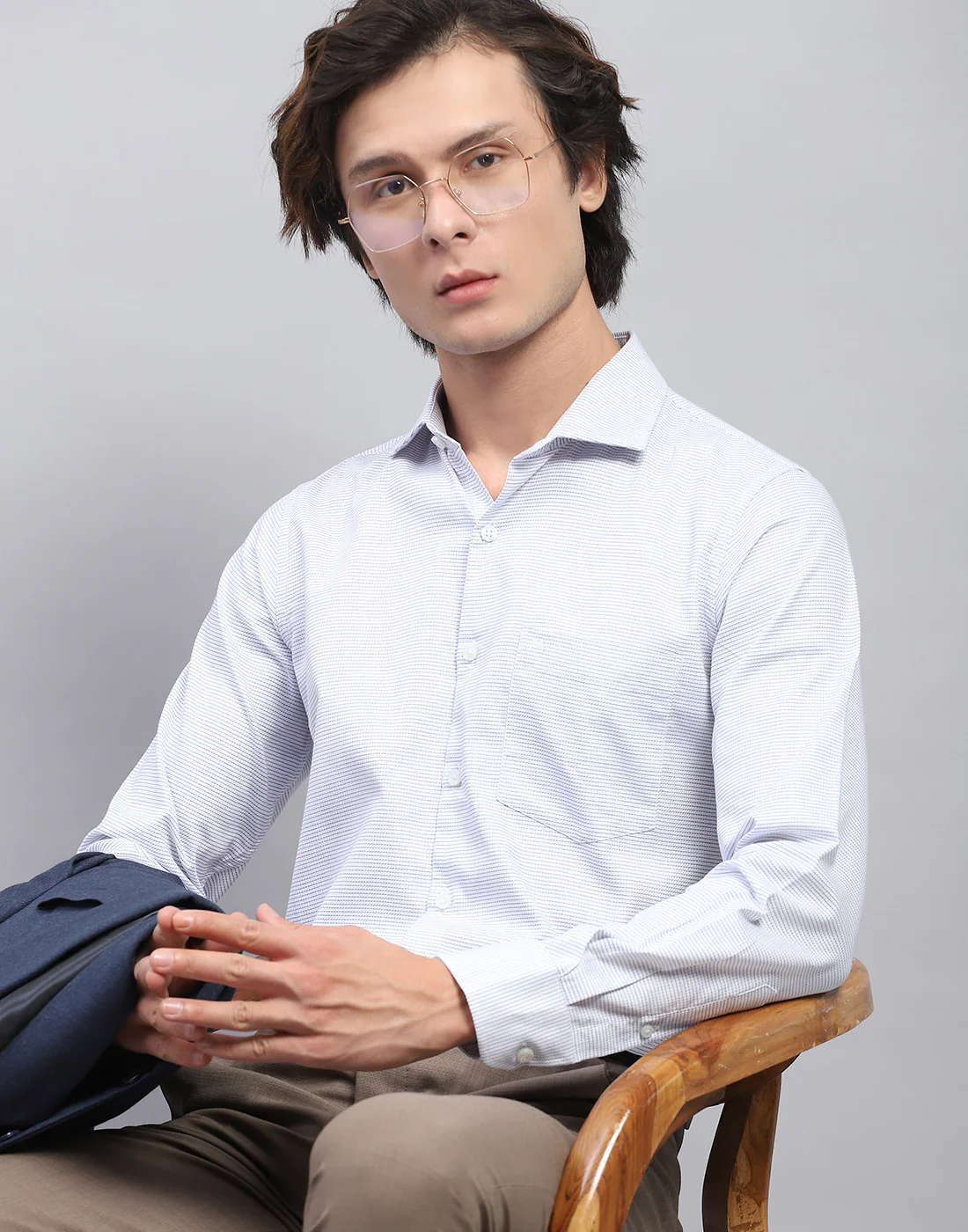 Men Blue Self Design Collar Full Sleeve Shirt - Image 6