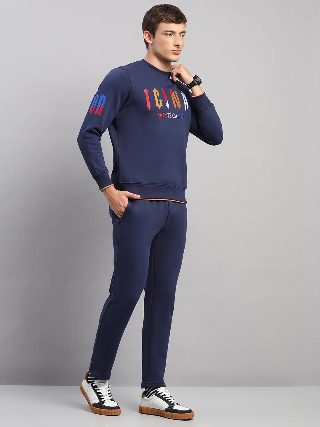 Men Blue Self Design Collar Full Sleeve Winter Tracksuit - Image 4