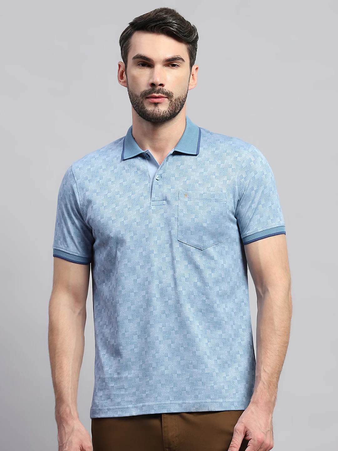 Men Blue Self Design Collar Half Sleeve T-Shirt - Image 2