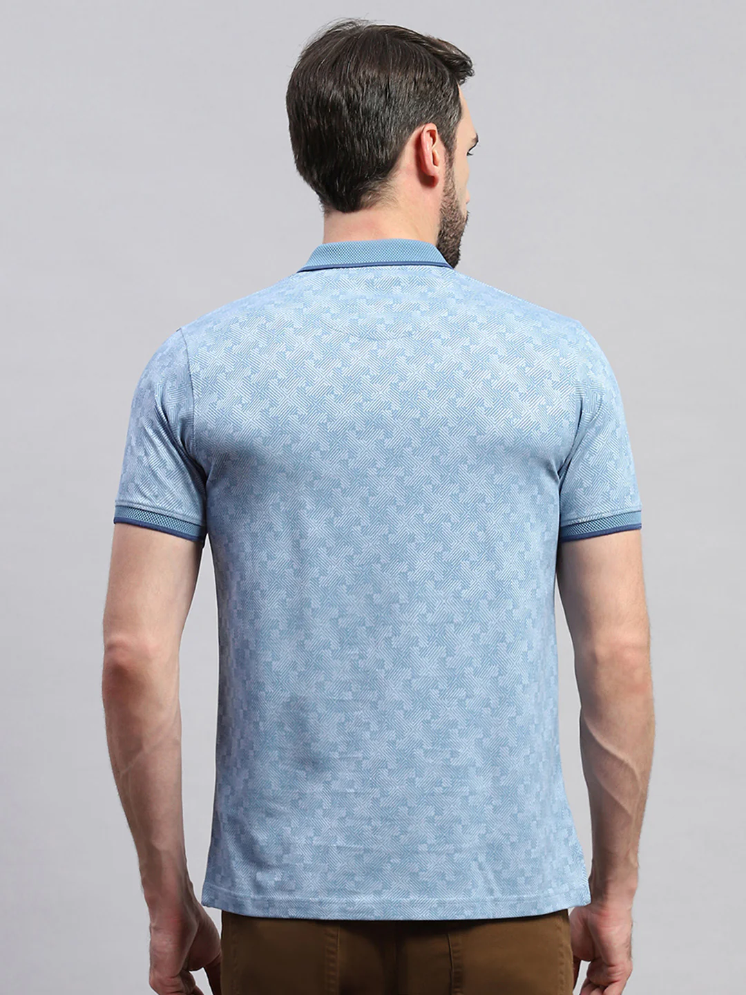 Men Blue Self Design Collar Half Sleeve T-Shirt - Image 5