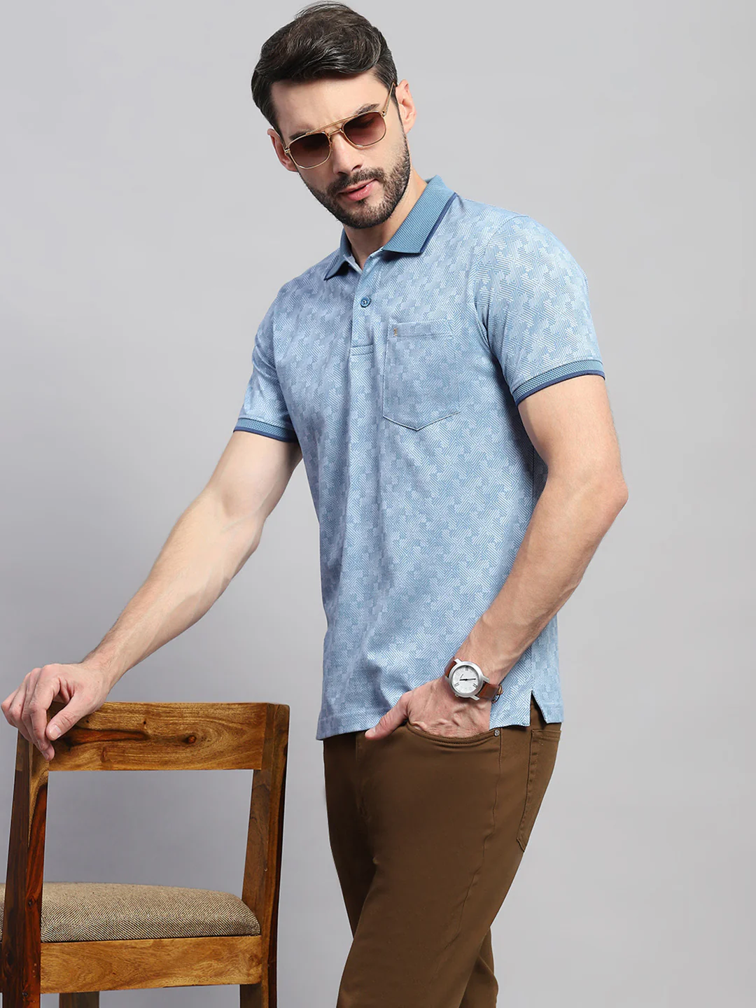 Men Blue Self Design Collar Half Sleeve T-Shirt - Image 6