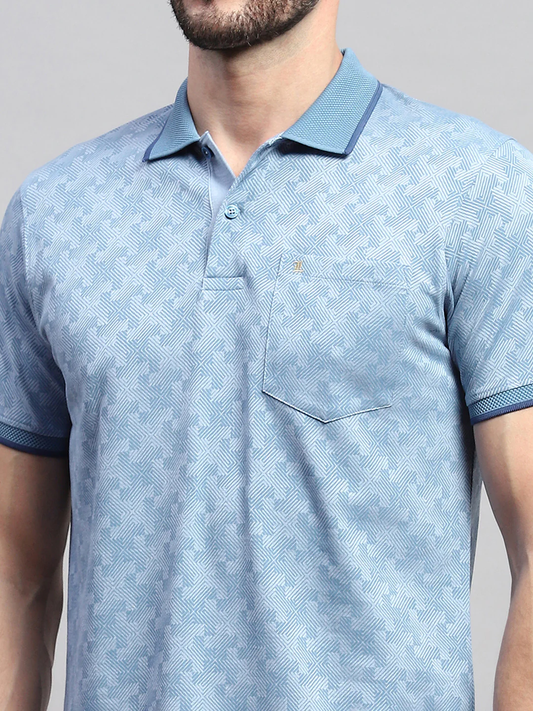 Men Blue Self Design Collar Half Sleeve T-Shirt - Image 7