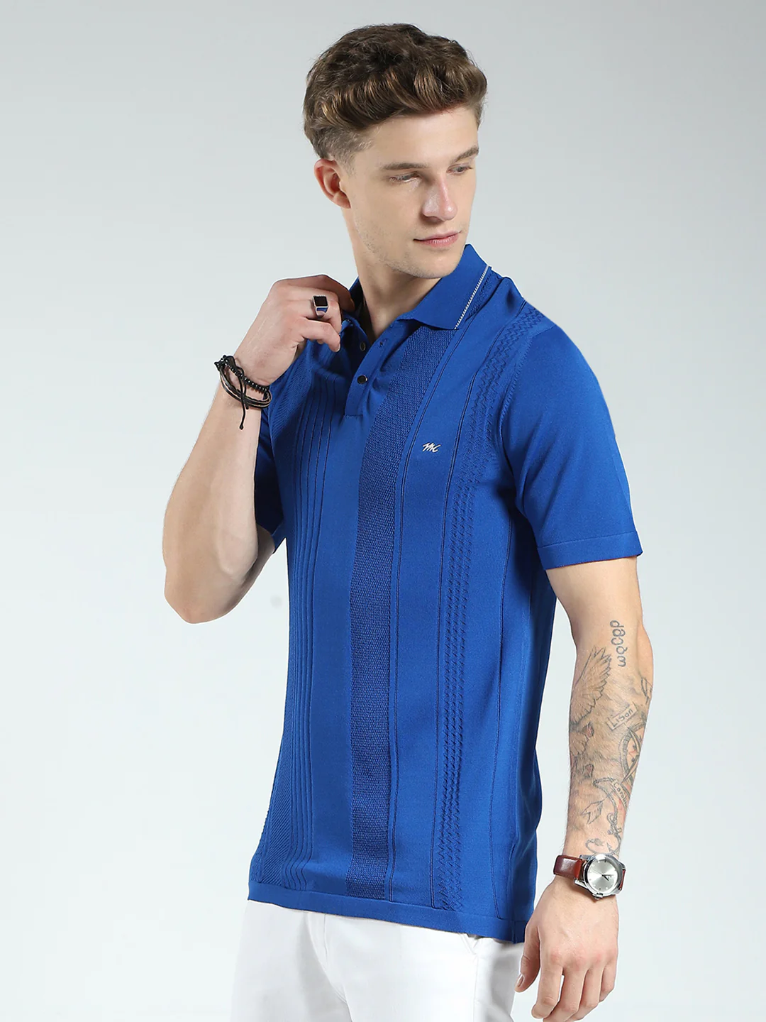 Men Blue Self Design Collar Half Sleeve T-Shirt - Image 3