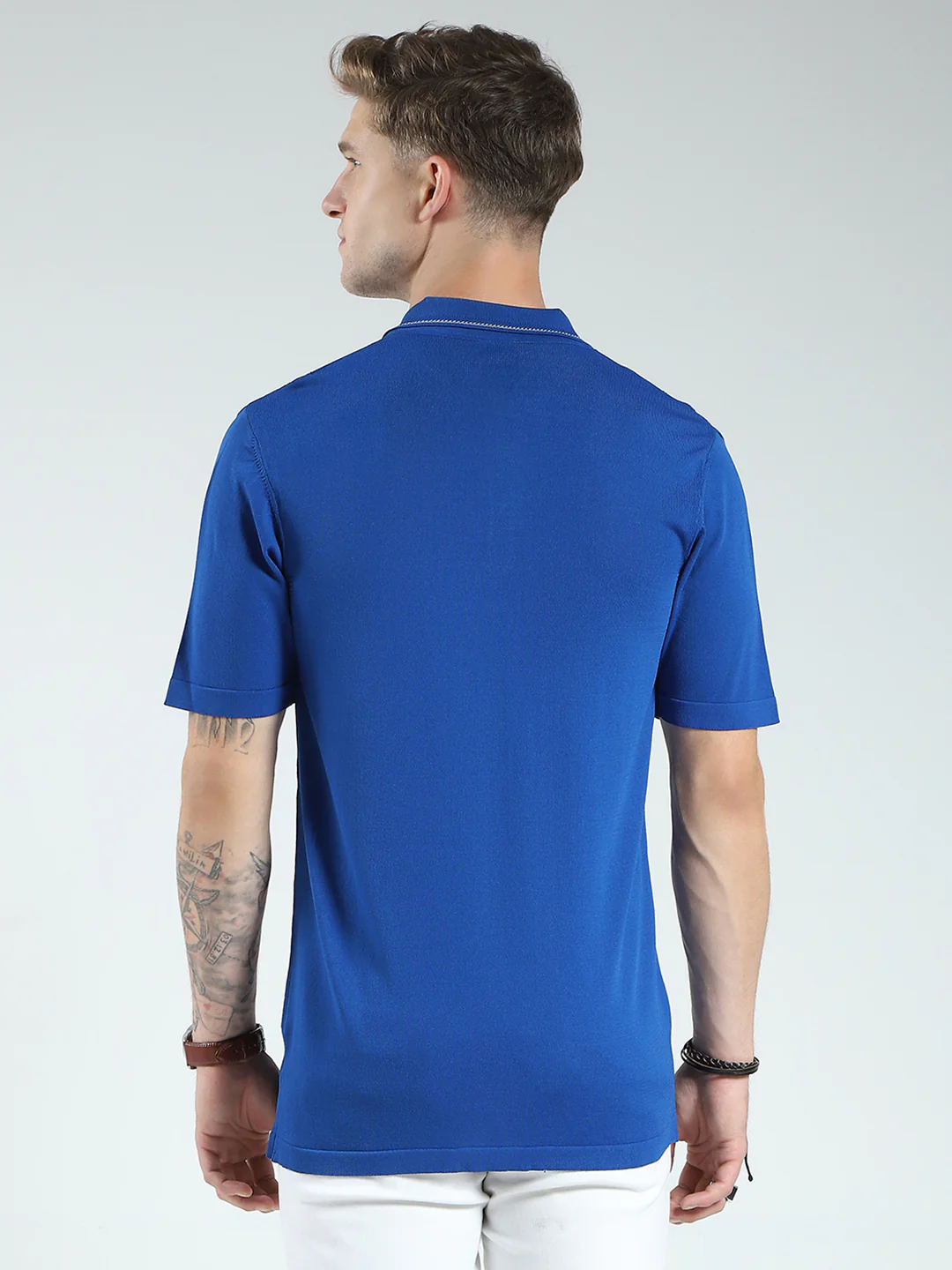 Men Blue Self Design Collar Half Sleeve T-Shirt - Image 5