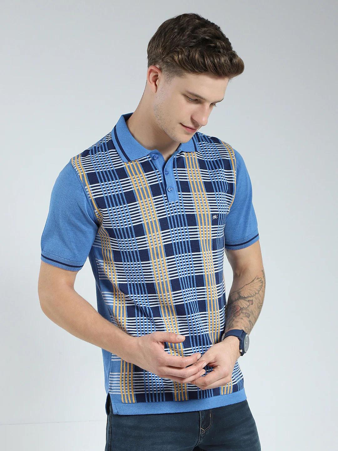 Men Blue Self Design Collar Half Sleeve T-Shirt - Image 4