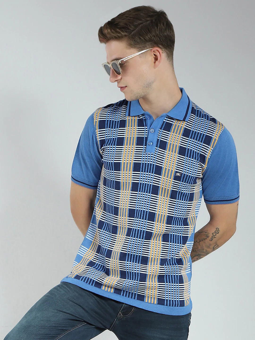 Men Blue Self Design Collar Half Sleeve T-Shirt - Image 6