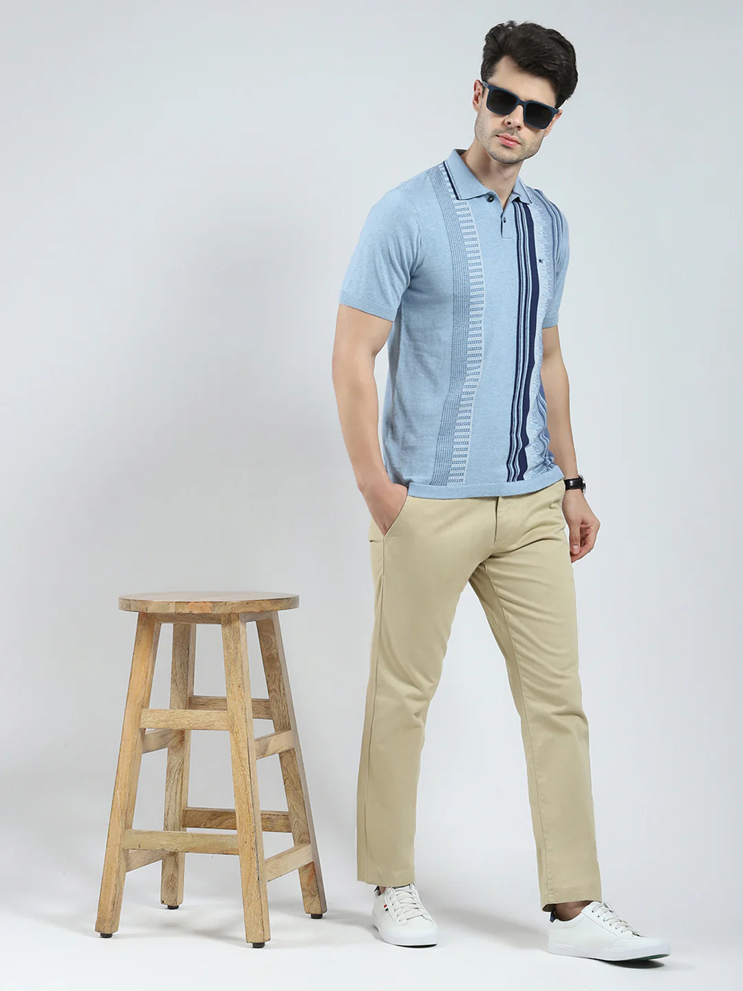 Men Blue Self Design Collar Half Sleeve T-Shirt - Image 2