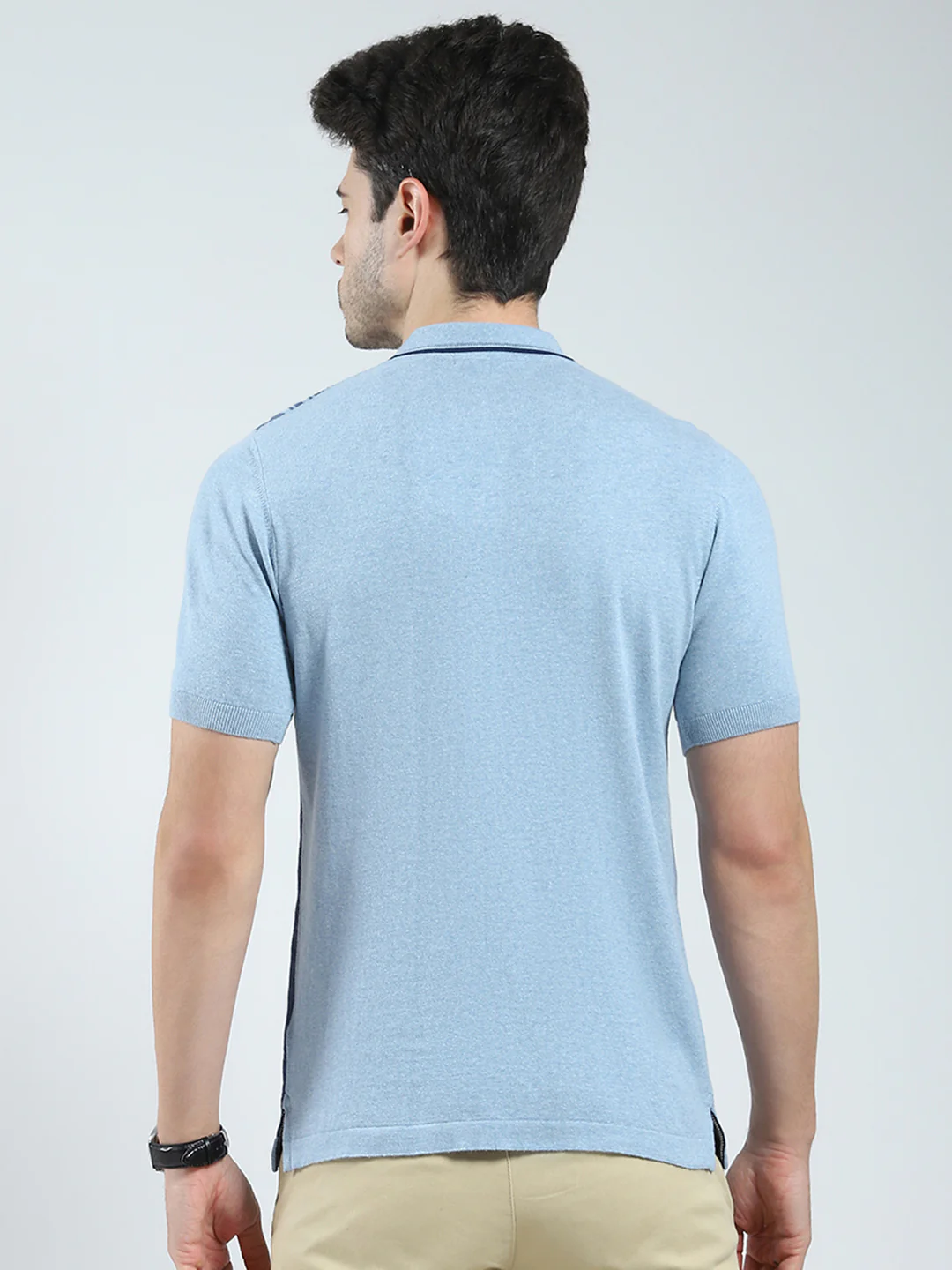 Men Blue Self Design Collar Half Sleeve T-Shirt - Image 5