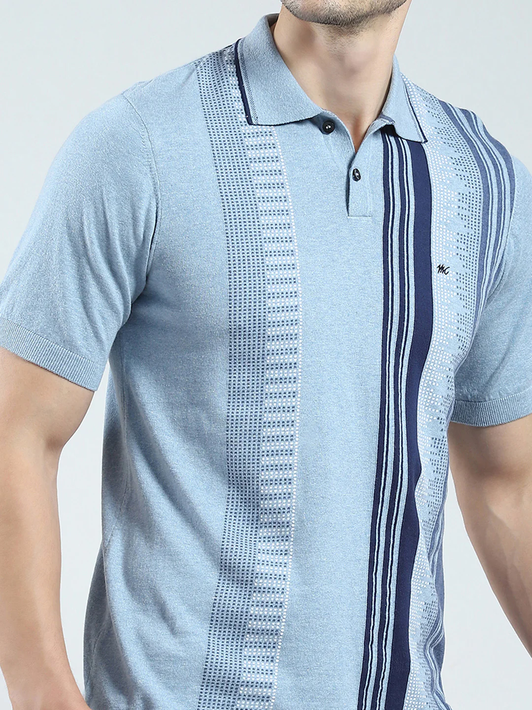 Men Blue Self Design Collar Half Sleeve T-Shirt - Image 6