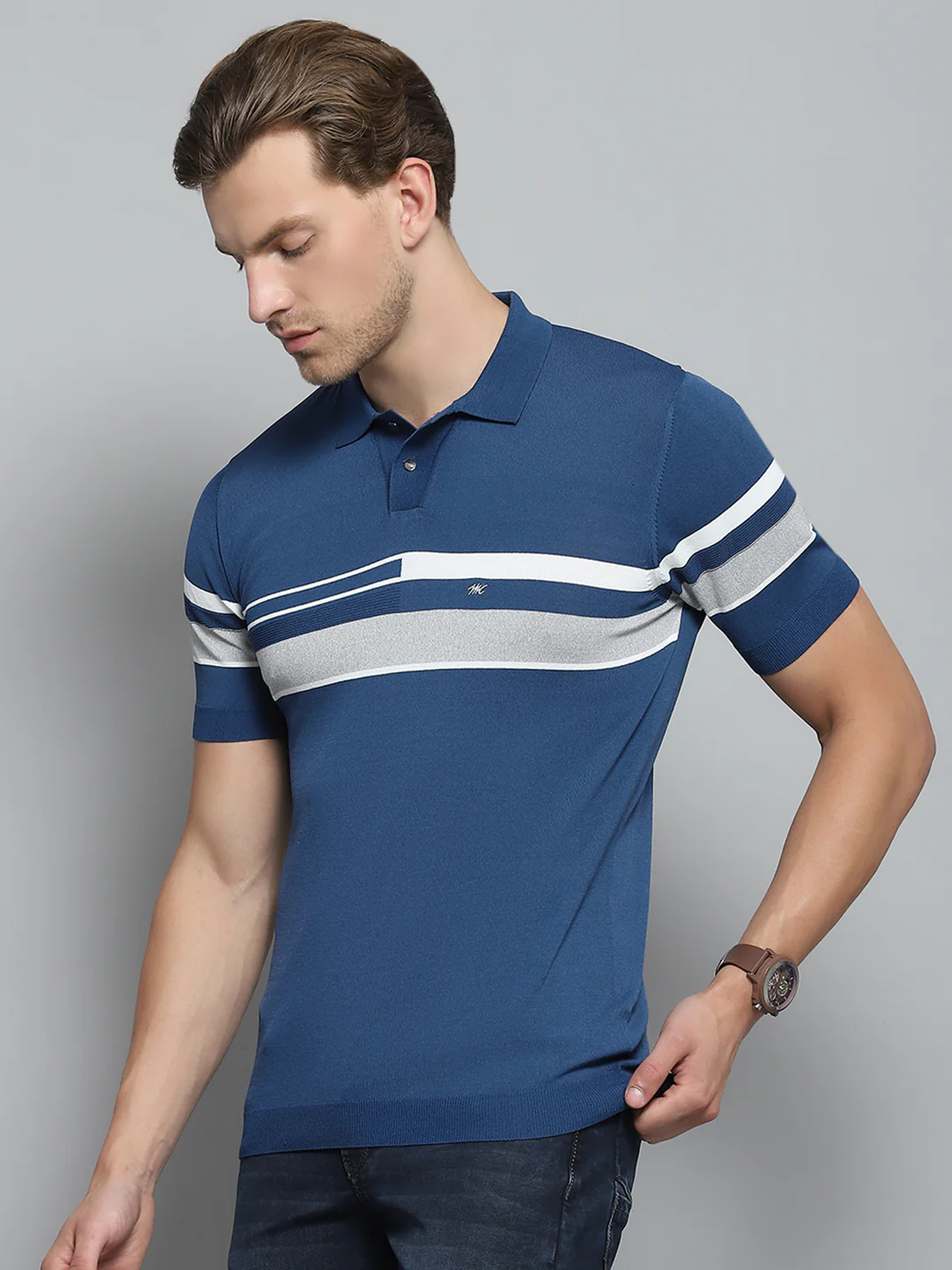Men Blue Self Design Collar Half Sleeve T-Shirt - Image 3