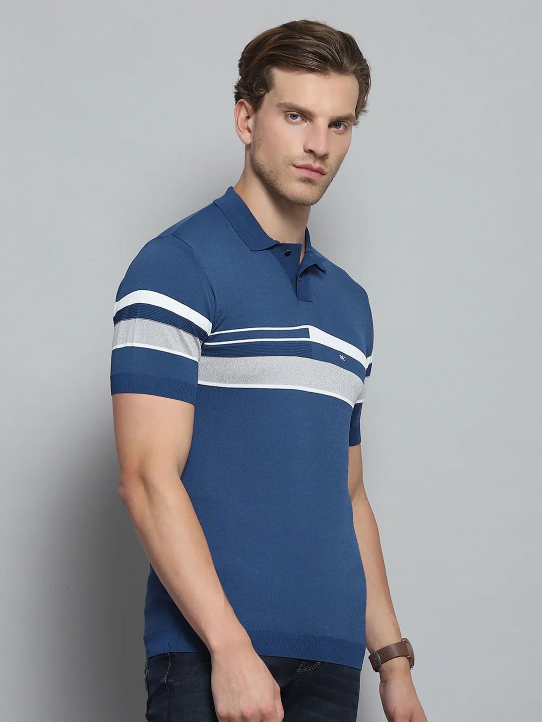 Men Blue Self Design Collar Half Sleeve T-Shirt - Image 4