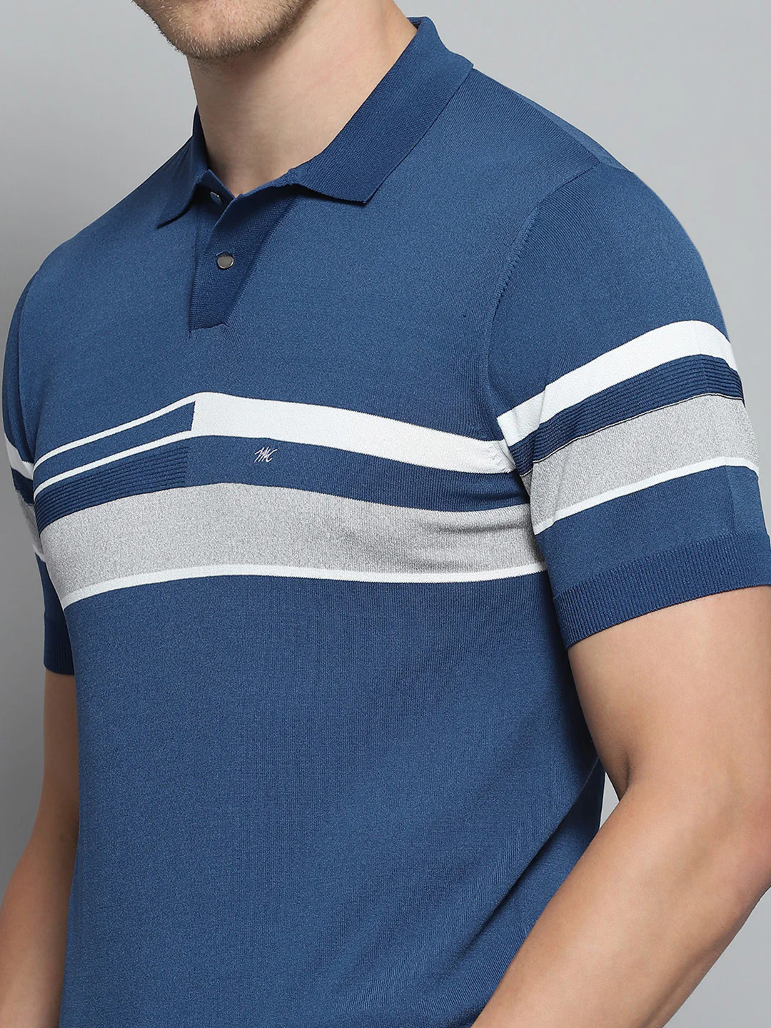 Men Blue Self Design Collar Half Sleeve T-Shirt - Image 6