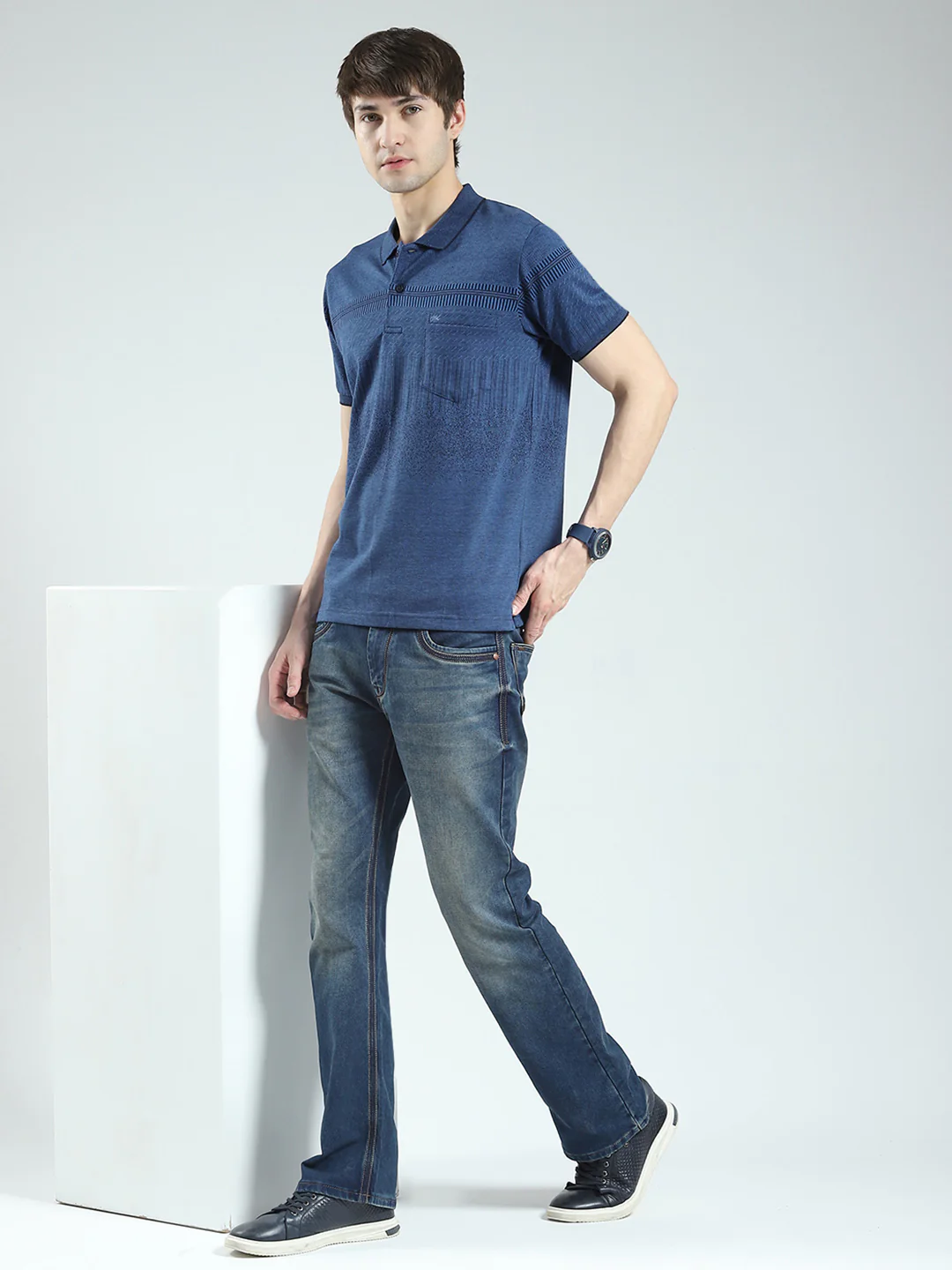 Men Blue Self Design Collar Half Sleeve T-Shirt - Image 2