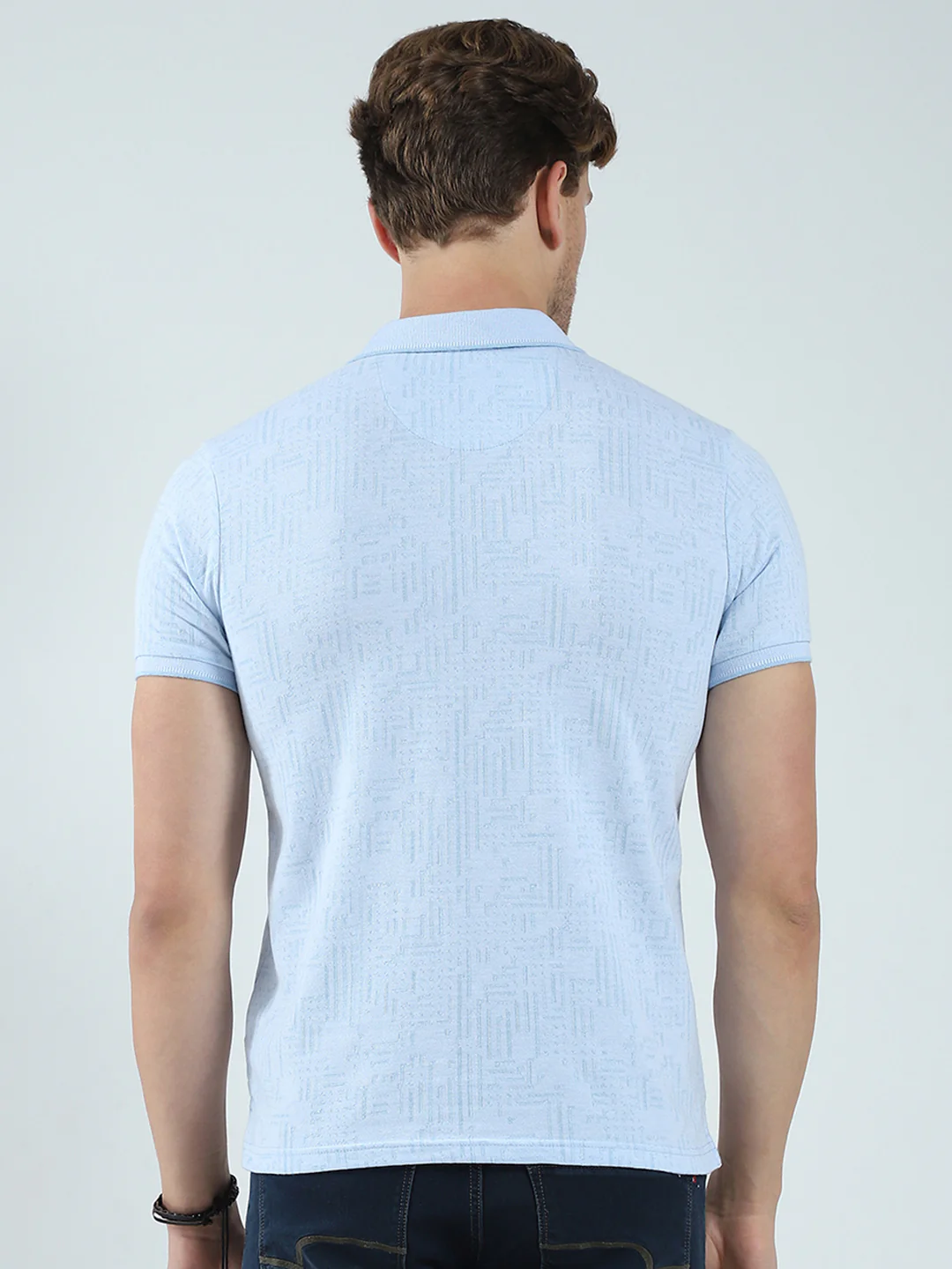 Men Blue Self Design Collar Half Sleeve T-Shirt - Image 5