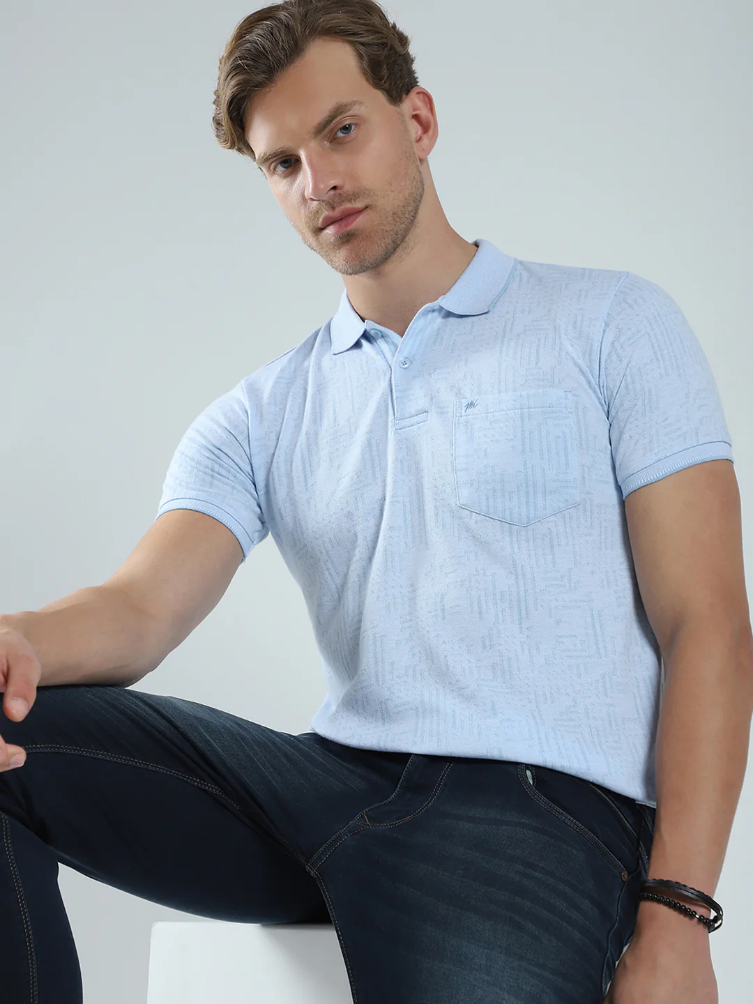 Men Blue Self Design Collar Half Sleeve T-Shirt - Image 6