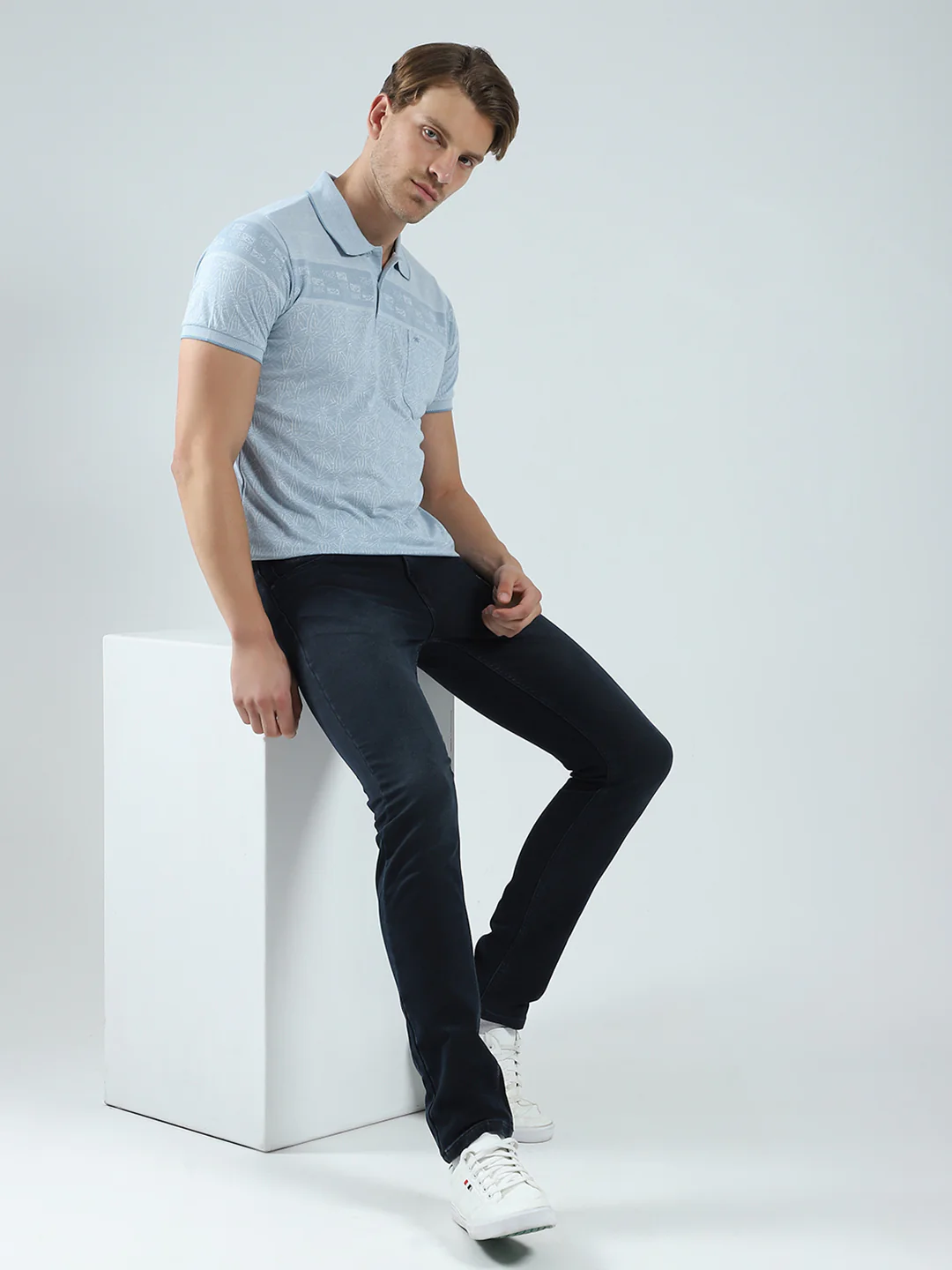 Men Blue Self Design Collar Half Sleeve T-Shirt - Image 2