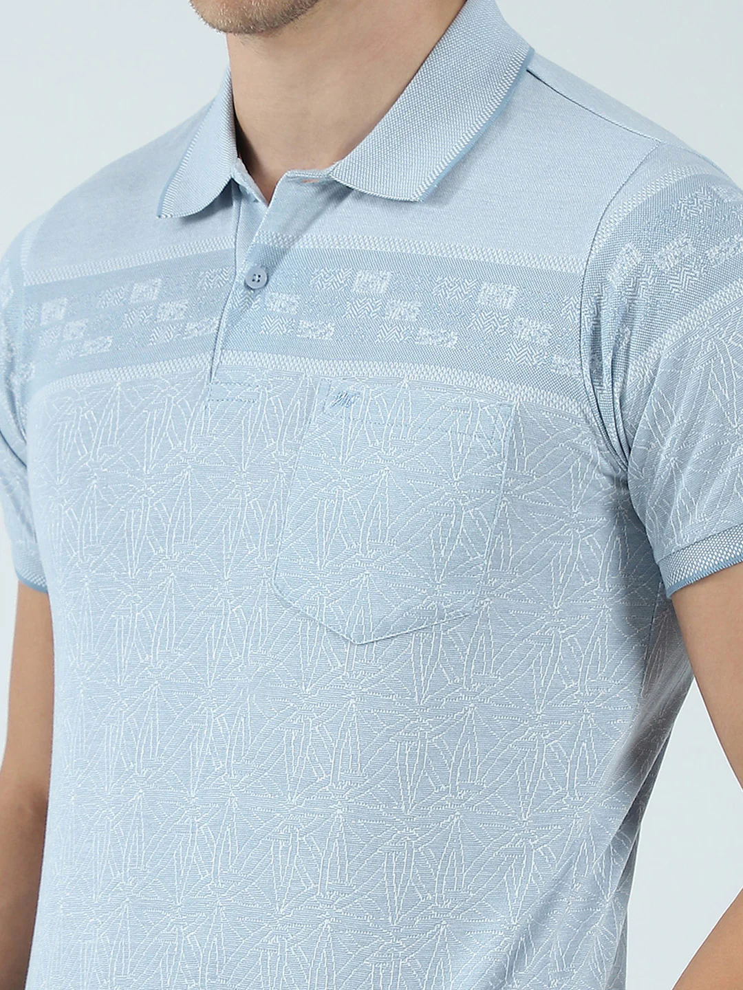 Men Blue Self Design Collar Half Sleeve T-Shirt - Image 6