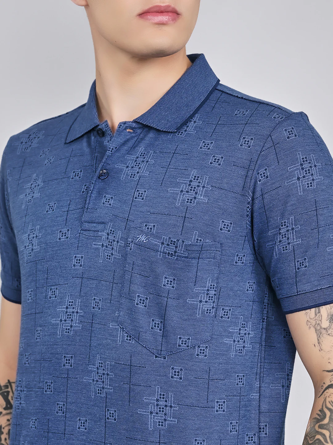 Men Blue Self Design Collar Half Sleeve T-Shirt - Image 5