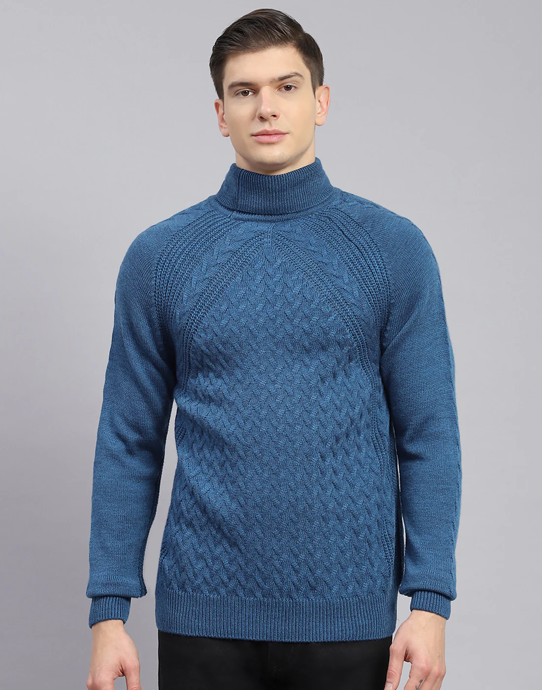 Men Blue Self Design H Neck Full Sleeve Sweater - Image 3