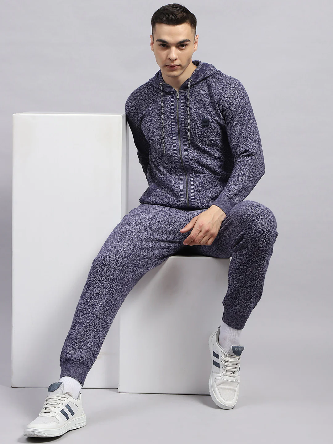 Men Blue Self Design Hooded Full Sleeve Winter Tracksuit - Image 2