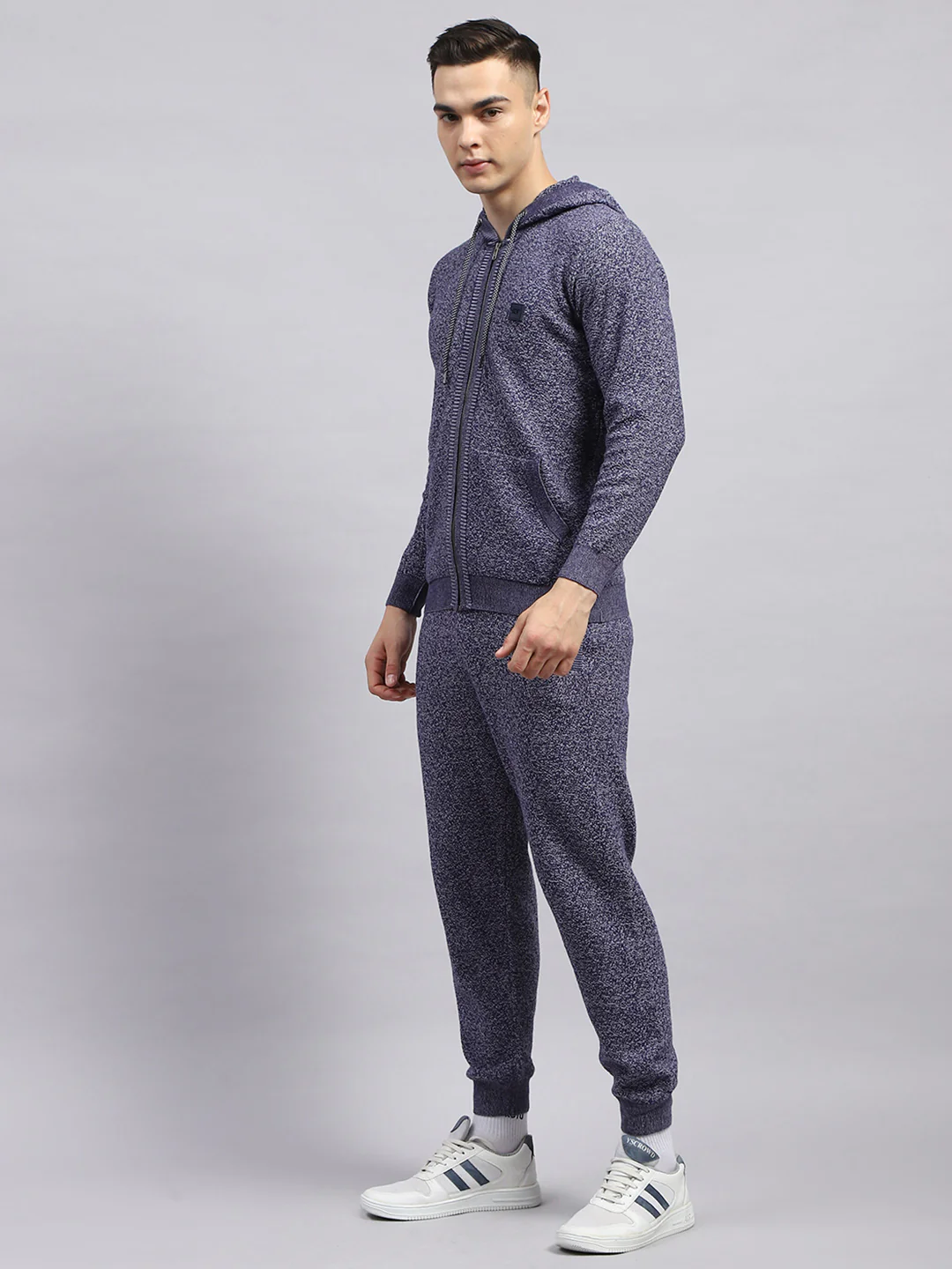 Men Blue Self Design Hooded Full Sleeve Winter Tracksuit - Image 3