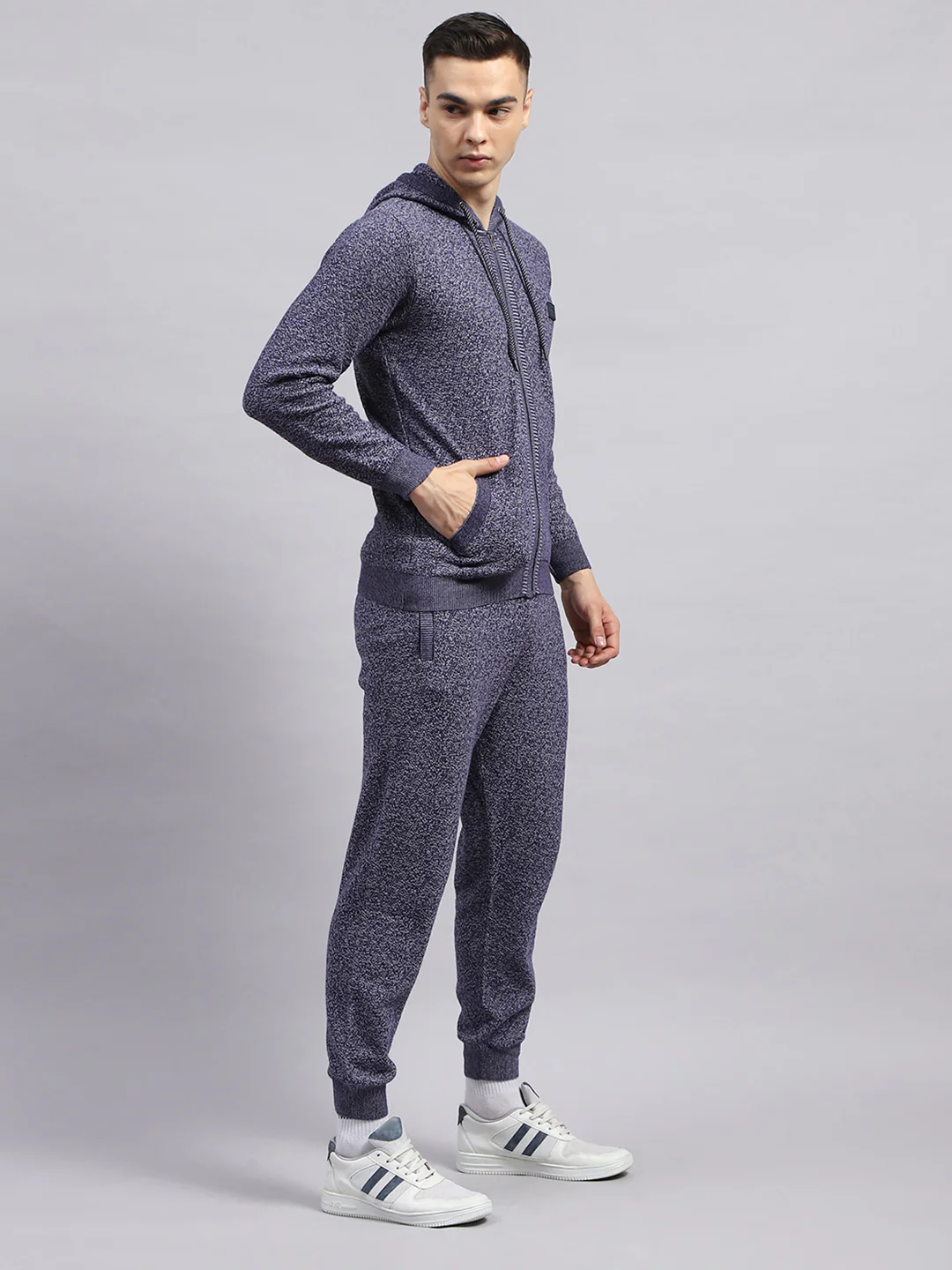 Men Blue Self Design Hooded Full Sleeve Winter Tracksuit - Image 4