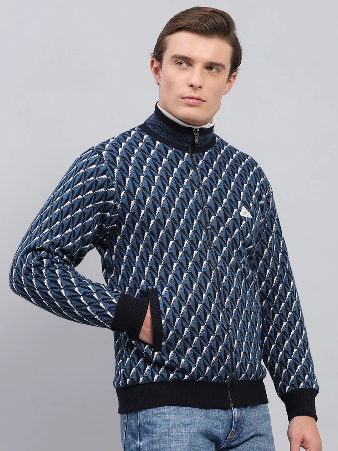 Men Blue Self Design Mock Neck Full Sleeve Jacket - Image 4
