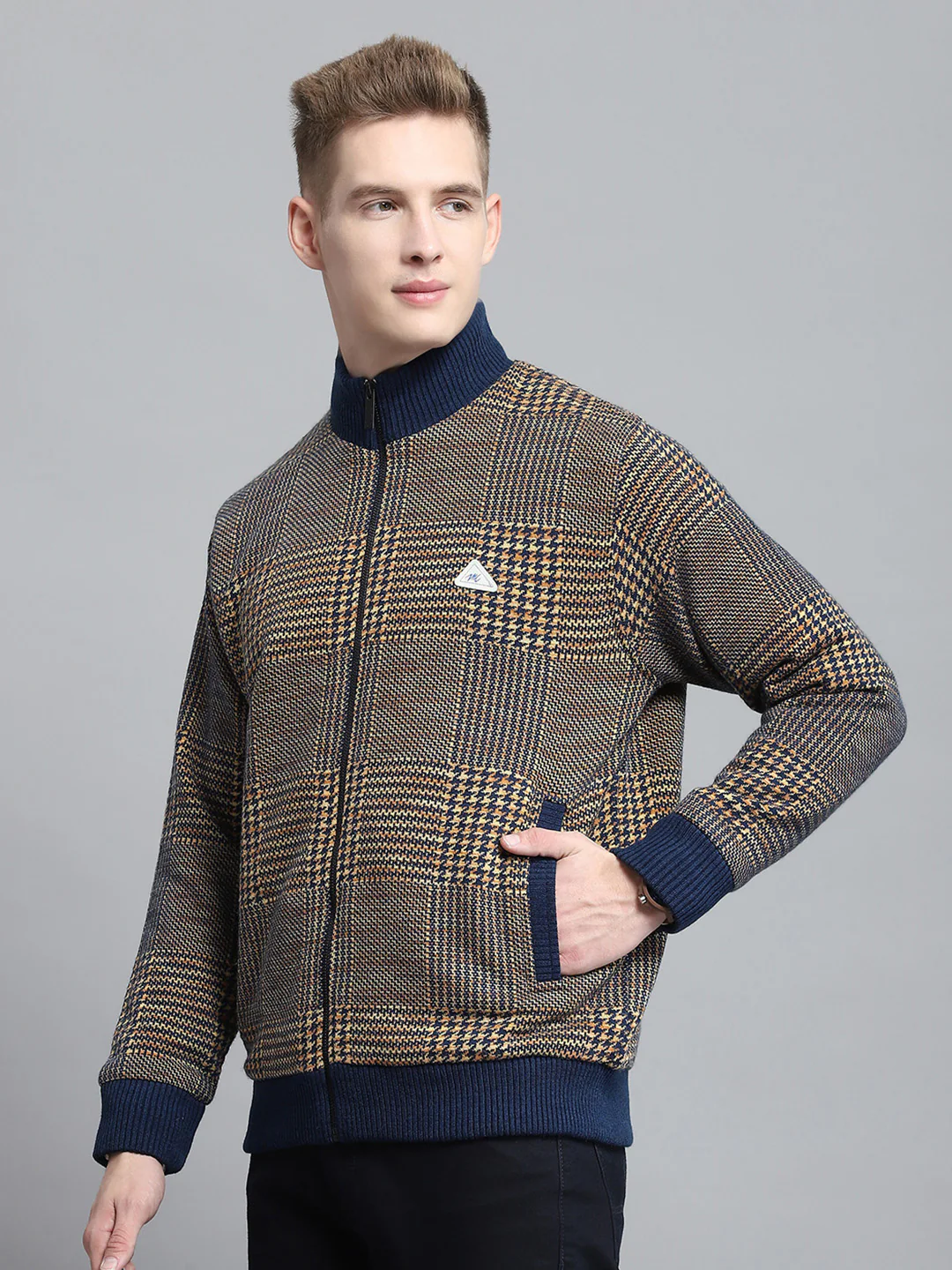 Men Blue Self Design Mock Neck Full Sleeve Jacket - Image 3