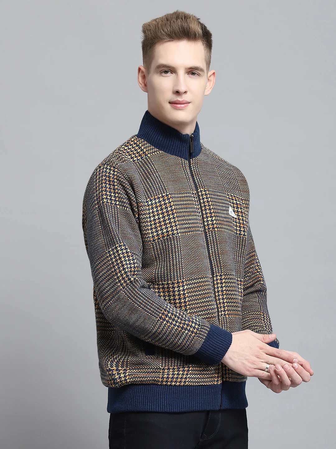 Men Blue Self Design Mock Neck Full Sleeve Jacket - Image 4