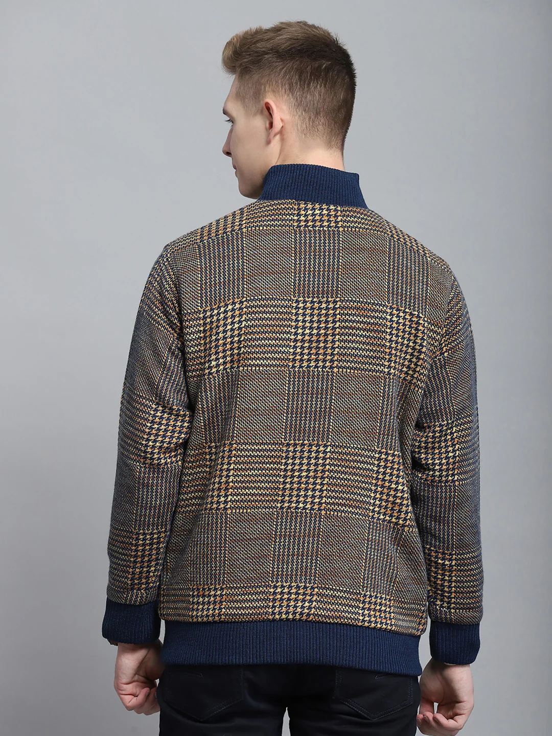 Men Blue Self Design Mock Neck Full Sleeve Jacket - Image 5