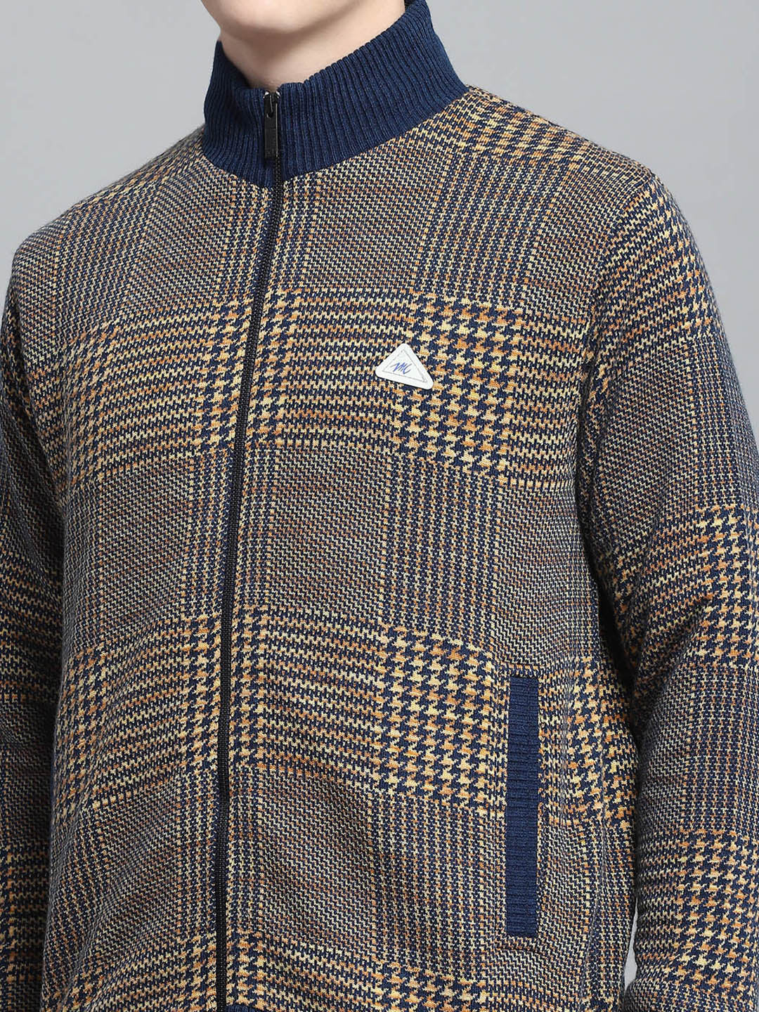 Men Blue Self Design Mock Neck Full Sleeve Jacket - Image 7